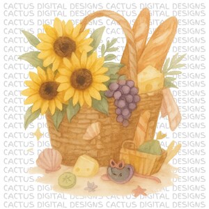 Panier pique-nique tournesol rustique PNG, illustration de pique-nique français confortable, style Aquarelle, art tournesol, baguette, fromage, raisins, cottagecore