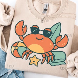 Cool Summer Crab PNG – Cartoon Beach Crab Illustration with Sunglasses, Floaties, Ball and Starfish, Cute Tropical Ocean Kids Summer Gear