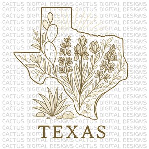 Texas State PNG, Botanische Linie Art Clipart, Bluebonnet und Kaktus-Umriss, westlicher digitaler Download mit Blumen, minimalistische Texas Sublimation