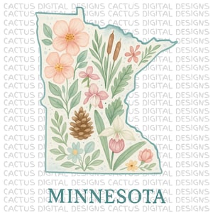 Minnesota Blumenzustand Umrisskunst, wunderliches Wildblumendesign, von der Natur inspirierte Minnesota-Karte, botanische Zustandskunst, Blumenzustandsdekor