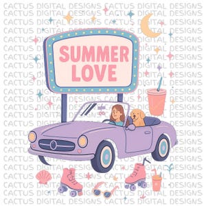 Viagem de carro retrô de amor de verão PNG, carro conversível fofo, cachorro como passageiro, patins, óculos de sol, bebida gelada, cores pastel, verão nostálgico