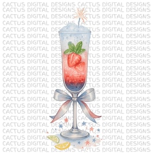 Imágenes prediseñadas de cóctel de champán del 4 de julio, arte de bebida en acuarela roja, blanca y azul, cóctel de bengalas patrióticas PNG, ilustración de bebida de verano