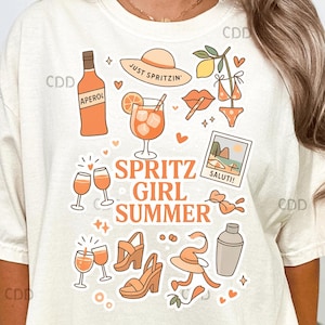 Chica Spritz Summer PNG: Botella de Aperol, copa de cóctel, tacones, bikini e iconos de playa para un ambiente de bebida veraniego de moda. Despedida de soltera costera.