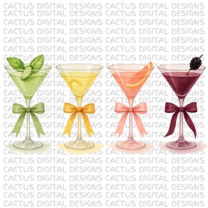 水彩マティーニPNG、エレガントなカクテルラインナップのクリップアート、デジタルダウンロード可能なガーニッシュ付きミックスドリンク、パーティーデコレーション用の透明な背景