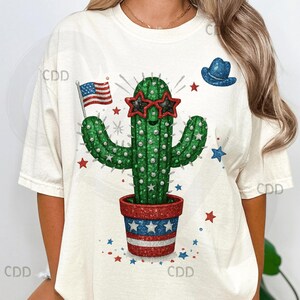 Fourth of July cactus PNG met glitterster zonnebril, vlag, rood wit blauwe pot, patriottische westerse clipart voor shirts, geschenken, zomercadeaus
