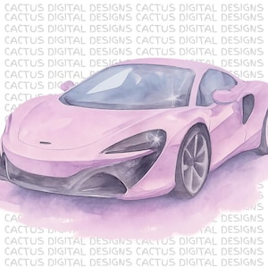 Rosa Aquarell Supersportwagen PNG - Feminine Sportwagen Clipart für modische Auto-Dekor, Racer Girl Ästhetik, digitale Wandkunst, Supersportwagen PNG