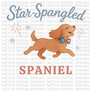 Conception patriotique de chien épagneul étoilé - Joli dessin de chiot doré du 4 juillet avec nœud papillon et feux d'artifice pour une décoration estivale, amoureux des animaux de compagnie