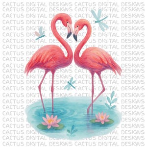 Pareja romántica de flamencos PNG, arte de pareja de flamencos en acuarela, flamencos tropicales enamorados, flamencos rosados en el agua, escena floral acuática, libélula