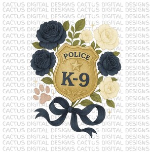 Insignia de policía K9 PNG con rosas azul marino y marfil, escudo dorado, huella de pata y lazo de cinta oscura, homenaje floral a las fuerzas del orden para los amantes de los perros