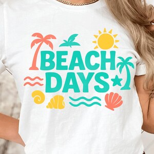 Stranddagen zomerkunst, retro strandvibesontwerp, tropische palmbomen, schattige schelpen, kleurrijke strandgolven, zonneschijn clipart, zomerplezier strand