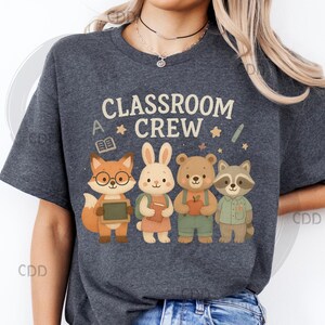 Équipe de classe png, école d'animaux des bois png, conception de chemise d'enseignant, png de retour à l'école, mignon raton laveur, lapin renard, transfert d'enseignant dtf