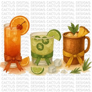 Aquarell Cocktail Trio PNG, würzige Jalapeño Margarita, tropisches Maultier, Zitrusgetränk Clipart, digitaler Download, süße Margaritas für Drink Art
