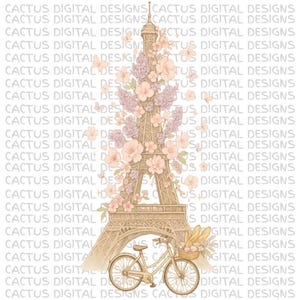 Torre Eiffel PNG floreale con bicicletta parigina e baguette - Clipart romantica primaverile francese per decorazioni murali, viaggi, scrapbooking e magliette