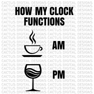 Comment fonctionne mon horloge PNG - Fichier de sublimation de citation drôle de café AM vin PM, conception d'humour de boisson du matin au soir, téléchargement numérique