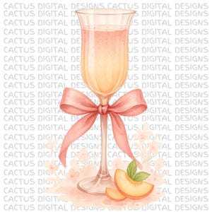 Clipart di Bellini alla pesca, Cocktail di champagne con acquerello, Bevanda per brunch femminile in formato PNG, Elegante illustrazione di un bicchiere di mimosa, Festa estiva pastello