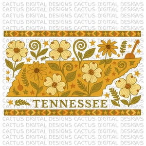 Tennessee staat PNG, volkskunst bloemen clipart, kornoelje en banjo afbeelding, rustieke land digitale download, Tennessee sublimatie png-bestand