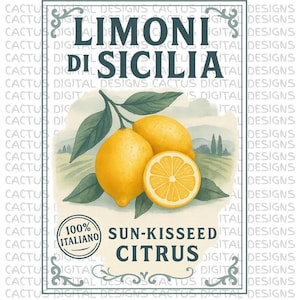 Limoni di Sicilia Italienische Zitrone Druck PNG - Vintage sonnenverwöhnte Zitrusfrucht Schild mit grünen Blättern Bold Retro Typografie für Küchen Dekor