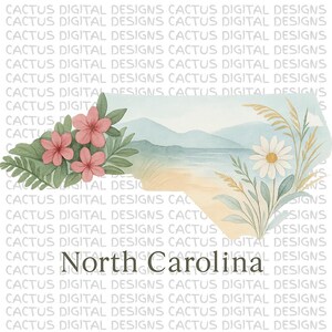 North Carolina PNG, Watercolor State Clipart, Floral and Mountain Landscape, NC Digital Download, Sublimation, Coastal and Nature-Inspired