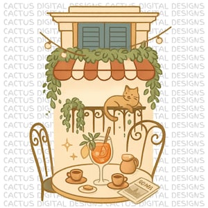 Chat italien sur le balcon du café PNG - Clipart Aperol Spritz et expresso avec chaises de bistrot, plantes et volets - Scène de café d'été italien confortable