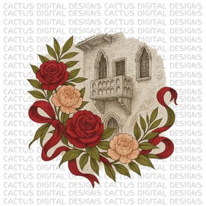 ジュリエット風の石造りの建物、赤いバラ、桃色の花、緑の葉、ロマンチックなリボンのヴィンテージシェイクスピアテーマのヴェローナイタリアバルコニーPNG
