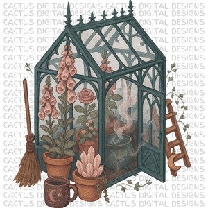 Arte de estufa Cottagecore, Ilustração de jardim floral encantado, Estética aconchegante de bruxa, Decoração botânica vintage, Estufa caprichosa PNG