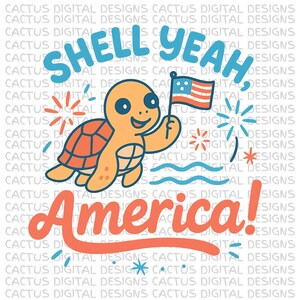 Concha Yeah América PNG con linda tortuga, fuegos artificiales y bandera de EE. UU. – Divertido clipart patriótico para niños, camisetas de verano o diseño del 4 de julio