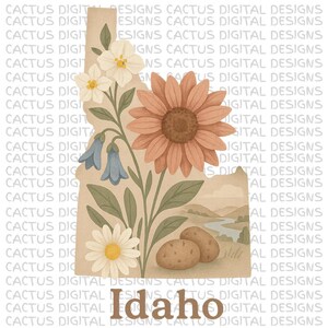 PNG del estado de Idaho, clipart floral rústico de acuarela, arte de papas y flores silvestres, descarga digital de naturaleza vintage de Idaho, contorno del estado PNG