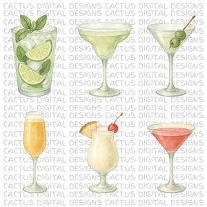 Set di cocktail ad acquerello PNG - Mojito, Margarita, Martini, Mimosa, Piña Colada e Cosmopolitan Clipart per l'estate, feste, design di decorazioni da bar