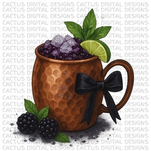 Brombeeres Moskau Mule PNG, Aquarell Kupferbecher Clipart, Lila Cocktail Drink Art, Beere Minze Limette Digitaler Download für Shirts Merch