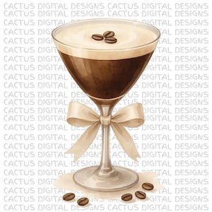 エスプレッソマティーニのクリップアート、水彩画のコーヒーカクテルアート、コーヒー豆ドリンクのイラスト、ニュートラルなバーの装飾、エレガントなリボン付きマティーニグラス