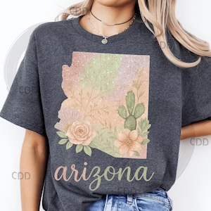 Imagen PNG de Arizona con diseño de cactus floral pastel, arte de acuarela con brillantina del desierto para camisetas, impresiones de pared, regalos, decoración del hogar, orgullo del estado sureño