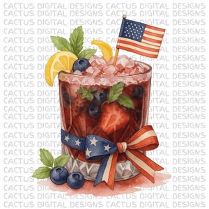 Clipart de cóctel de bayas patrióticas, bebida del 4 de julio PNG, arte de vaso de whisky con acuarela, imprimible de verano en rojo, blanco y azul, bebida festiva