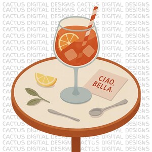 Verre à spritz italien PNG avec quartier de citron, serviette de table Ciao Bella et vue sur table – Design de boisson rétro mignon pour l'été téléchargements numériques