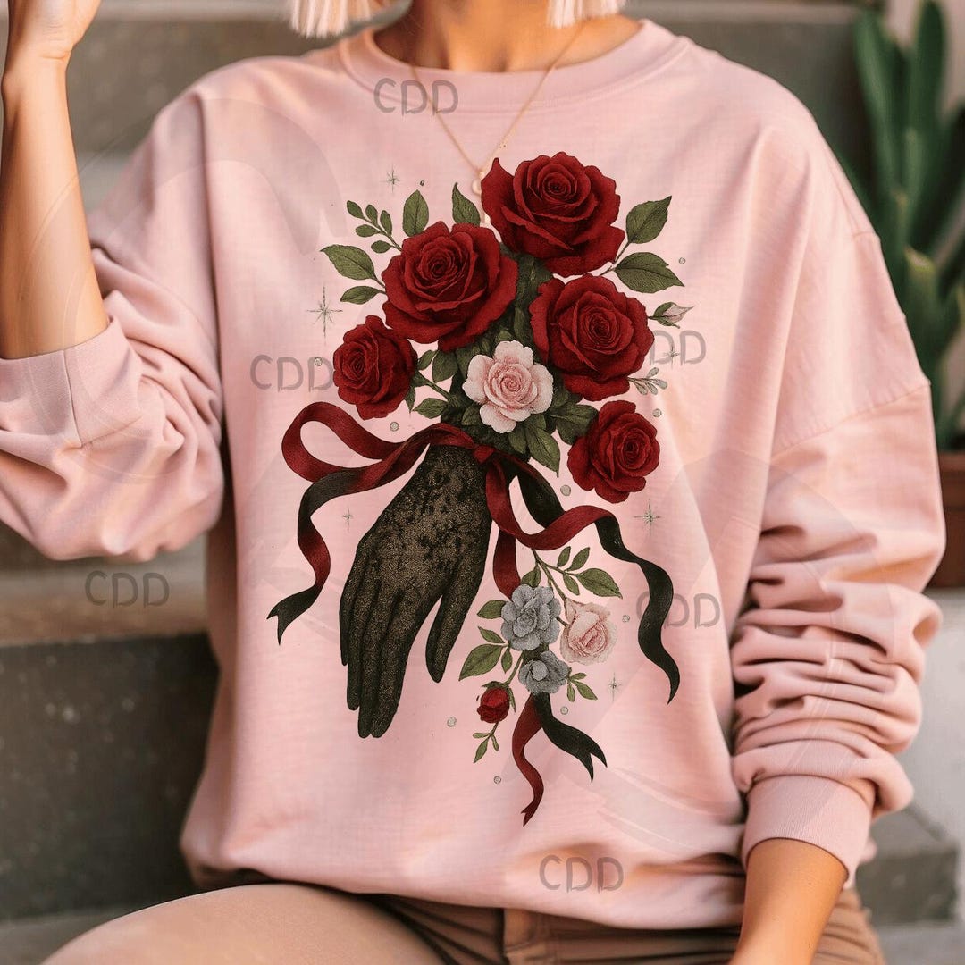 Gothic Floral Hand Png With Black Lace Glove, Deep Red Roses, Pink ...