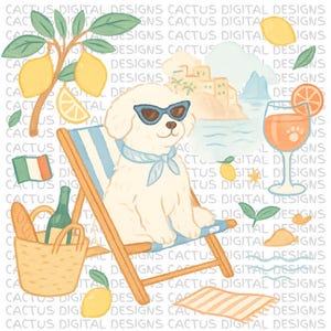 Chien de plage italien PNG - Bichon d'été mignon sur une chaise longue avec des citrons, une boisson aperol, un paysage côtier et un pique-nique italien esthétique PNG