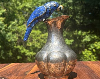 Signed Fajardo Taxco Silver Plated Parrot Ewer, Mid Century Mosaic Bird Handle Vase