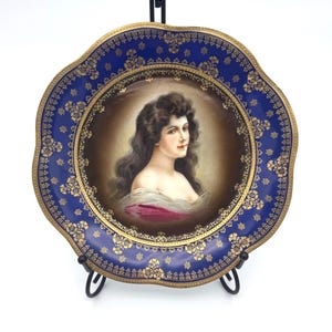 Royal Vienna Style Portrait Plate: Hand-Painted Cobalt Blue & Gold Charger