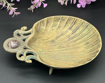 Vintage Brass Shell Trinket Dish with Stone Inlay – Footed Vanity Catchall