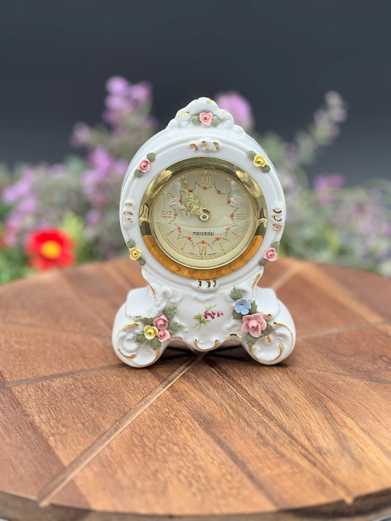 Vintage Mercedes Porcelain Clock: Hand-painted Floral, Gold Trim