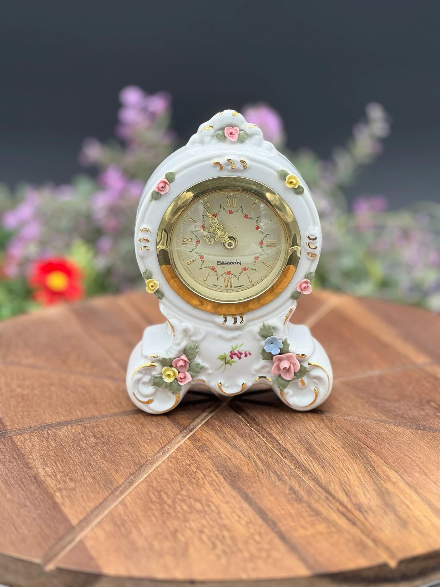 Vintage Mercedes Porcelain Clock: Hand-painted Floral, Gold Trim