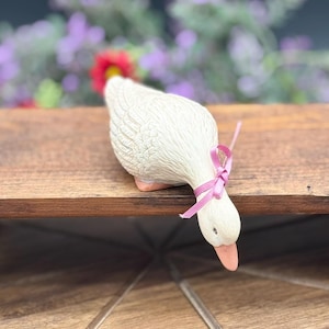 Vintage Ceramic Goose Figurine • Hanging Goose with Pink Ribbon • Farmhouse Shelf Decor