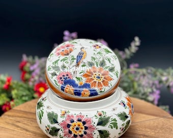 Vintage Hand-Painted Delft Lidded Jar: Dutch Floral Ceramic Dish, Signed