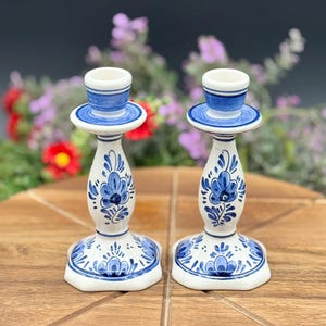 Mid-Century Delft Hand-Painted Candle Holders (Pair) - Blue & White Holland Porcelain