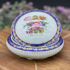 Vintage Limoges Trinket Dish: Cobalt Blue & Gold Porcelain Jewelry Holder