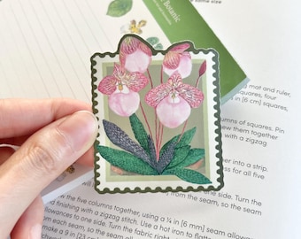 Pink Orchid Stamp Sticker Matte – Watercolor Botanical Flower Decal, Vintage Plant Art for Journal & Laptop