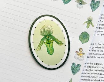 Green Lady Slipper Orchid Oval Sticker Matte – Watercolor Botanical Flower Vintage Journal Laptop Decal
