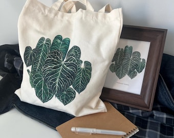 Anthurium Leaf Tote Bag Botanical Plant Print Natural Canvas Reusable Shopping Bag Tropical Greenery Gift Eco Friendly Botanical Tote