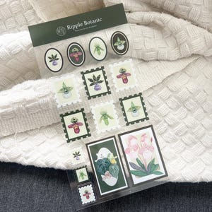 K&ouml;nnte beinhalten: Ein Bogen botanischer Aufkleber mit verschiedenen Orchideenillustrationen in ovalen und rechteckigen Formen. Die Aufkleber enthalten den Text "Ripple Botanic" und werden auf einer wei&szlig;en, strukturierten Oberfl&auml;che pr&auml;sentiert.