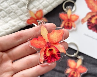 Hand Painted Orange Orchid Keychain Acrylic Rare Floral Charm Botanical Watercolor Plant Art Tropical Flower Accessory Plant Lover