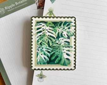 Monstera Albo Stamp Sticker – 7cm Watercolor Variegated Monstera Plant Sticker, Botanical Postage Style, Matte Journal Decal